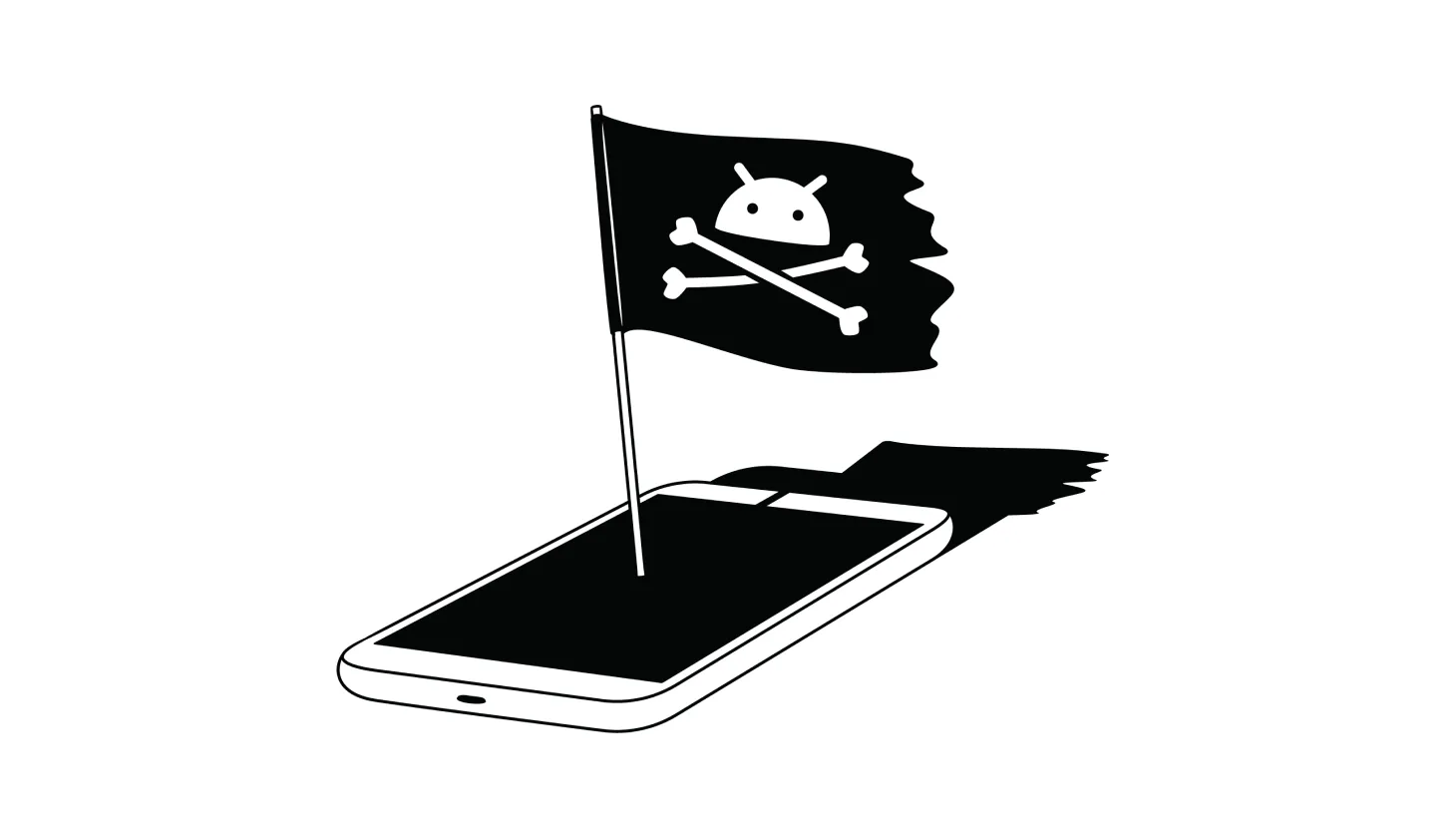 How to remove viruses from Android - lead illustration Illustration of a smartphone with a pirate flag coming out of with the Android logo in place of the classic skull and bones